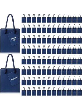 100 Pcs Navy Blue Mini Gift Bags with Handles & White Tags - Perfect for